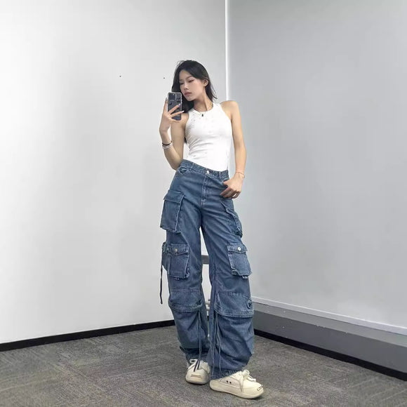 Pantalones Vaqueros Anchos para Mujer con Múltiples Bolsillos