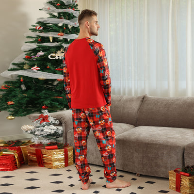Family matching red Christmas pajamas with a cartoon reindeer and "Merry Christmas" text on a plaid background. - Image 22