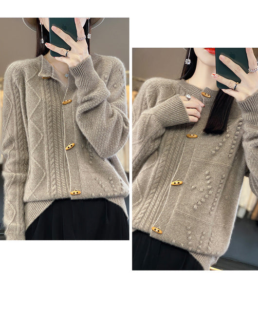 Cardigan de Lana Pura para Mujer Cuello Redondo Holgado - Image 11