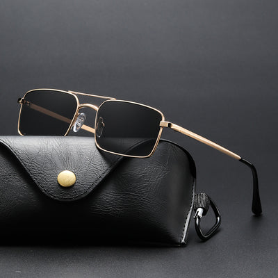 Black rectangular sunglasses with a double beam and dark gray lenses, angled on a white background. - Image 12
