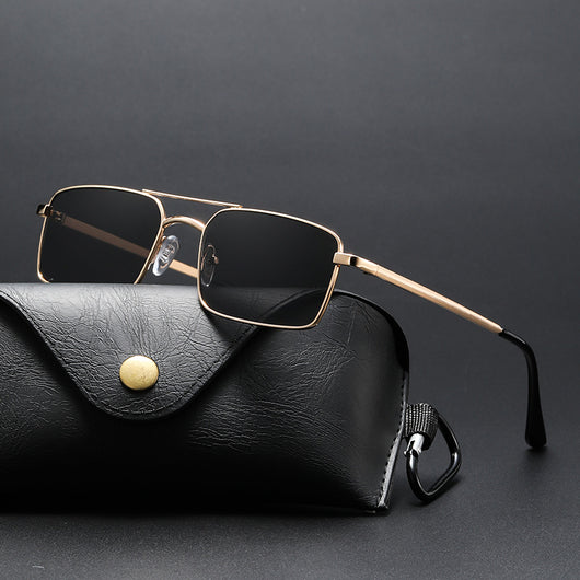 Black rectangular sunglasses with a double beam and dark gray lenses, angled on a white background. - Image 12