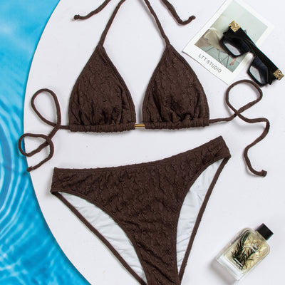 Dark brown textured bikini set with triangle bra top and tie-side bottoms, featuring a small gold metal accent. - Image 4