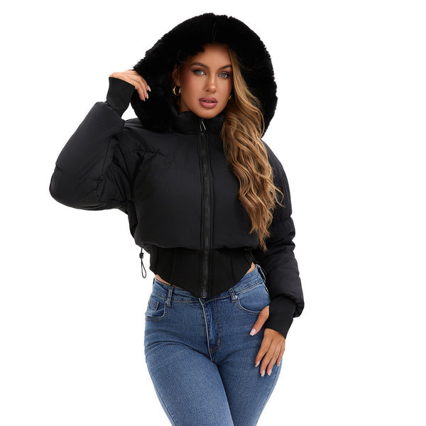 Chaqueta de Algodón Corta con Capucha y Cuello de Pelaje para Mujer