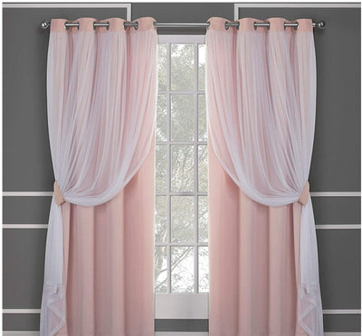 Dark blue double layer shading curtains with white sheer lace overlays, hung on a silver grommet rod. - Image 11