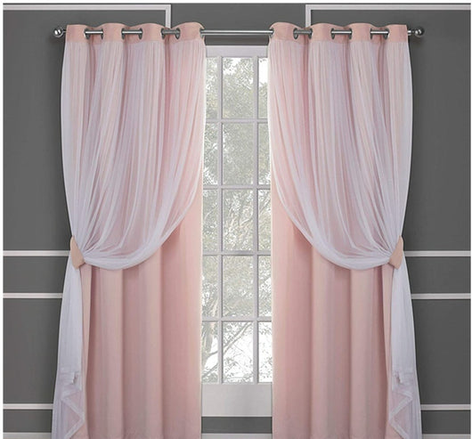 Dark blue double layer shading curtains with white sheer lace overlays, hung on a silver grommet rod. - Image 11