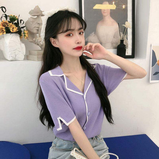 Blusa Fresca de Seda Hielo Cuello V - Manga Corta para Mujer - Image 6
