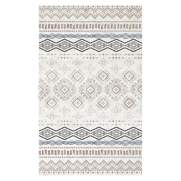 Rectangular area rug with white background and horizontal stripes of black, teal, and yellow tribal patterns.
