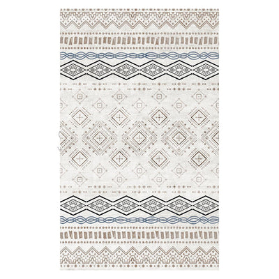 Rectangular area rug with white background and horizontal stripes of black, teal, and yellow tribal patterns.