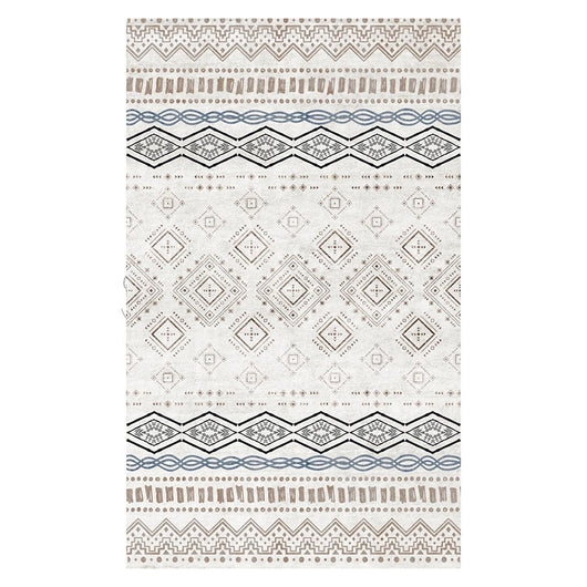 Rectangular area rug with white background and horizontal stripes of black, teal, and yellow tribal patterns.