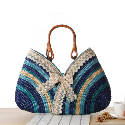 Bolsa de Rafia Tejida con Rayas Arcoíris - Estilo Casual Japonés y Coreano