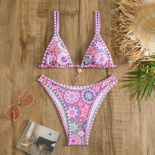 Retro 4-color printed women's bikini with red, blue, and white paisley pattern, featuring a triangle top and high-cut bottom. - Image 7