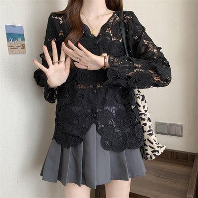 Blusa Larga de Encaje Calado con Mangas Largas para Mujer - Image 9