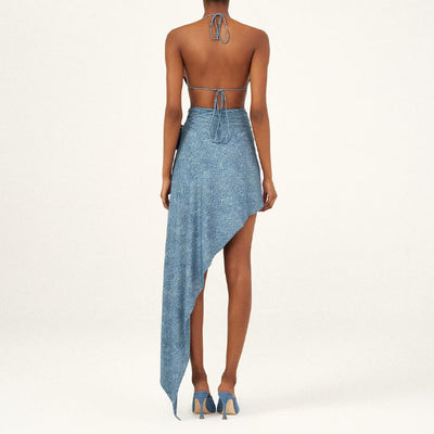 Blue 3D flower decoration halter lace-up bikini with high-waisted bottoms and matching sarong. - Image 8
