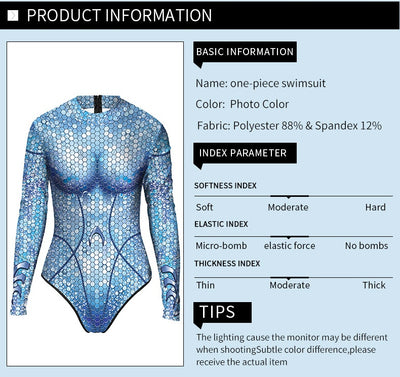 Women's long sleeve bodysuit with 3D digital iridescent mermaid scales print and sheer illusion neckline. - Image 8
