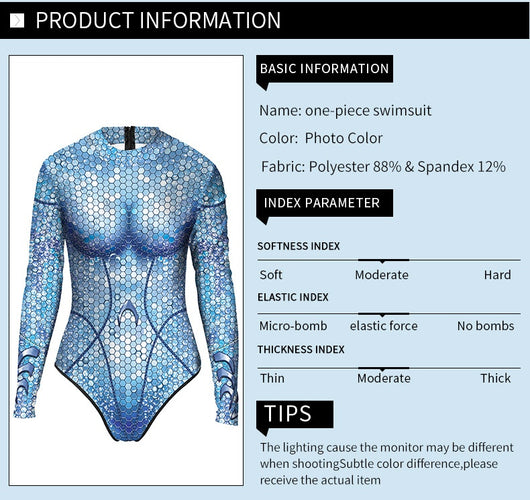 Women's long sleeve bodysuit with 3D digital iridescent mermaid scales print and sheer illusion neckline. - Image 8