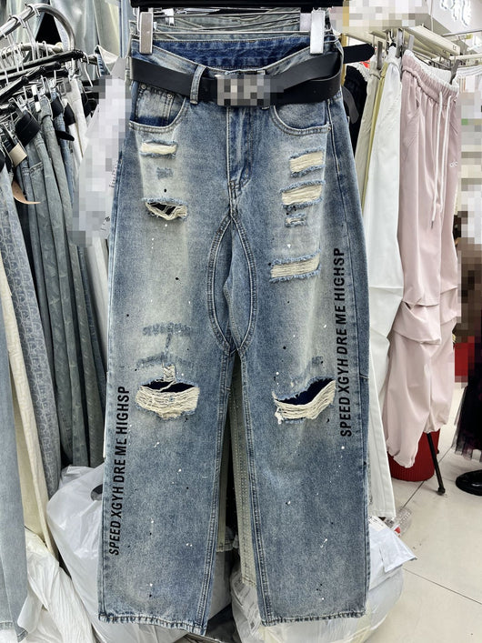 Jeans Rotos con Estampado de Letras y Efecto Pintura Desgastada - Image 6