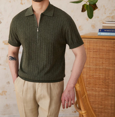 Camisa de Lino Mezcla con Cierre y Rayas Hundidas Manga Corta - Image 8
