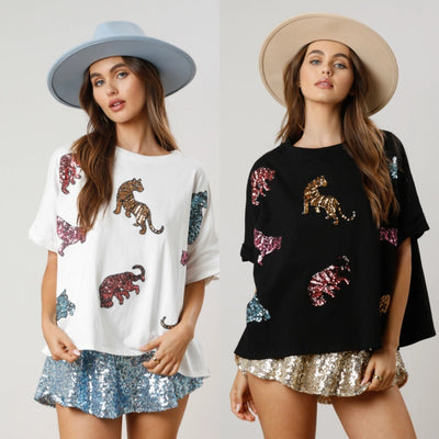 Blusa Tigre con Lentejuelas - Camiseta Holgada y Casual
