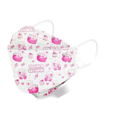White children's KN95 mask with a cute cartoon pattern of blue bunnies, pink bears, trees, and flowers. - Image 30