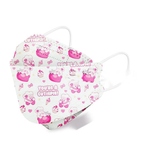 White children's KN95 mask with a cute cartoon pattern of blue bunnies, pink bears, trees, and flowers. - Image 30