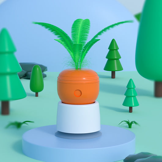 Orange carrot-shaped cat leaking food toy with green leaves, designed as a self-playing tumbler feeder. - Image 4