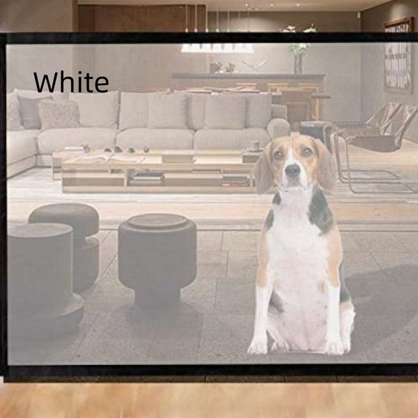 Black mesh pet gate installed at the bottom of a wooden staircase, with a golden retriever sitting in front. - Image 6