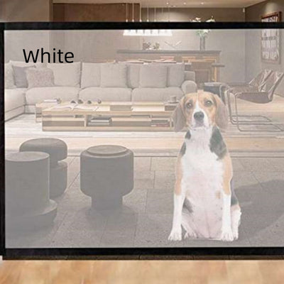 Black mesh pet gate installed at the bottom of a wooden staircase, with a golden retriever sitting in front. - Image 6