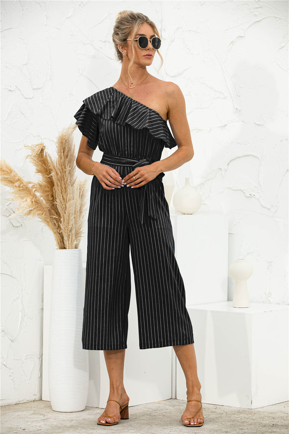 Jumpsuit de Verano para Mujer con Hombro Descubierto y Volantes a Rayas
