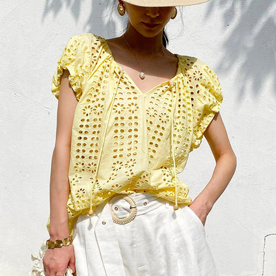 Blusa Bordada Estilo Vacacional Manga Corta Diseño Francés de Verano - Image 6