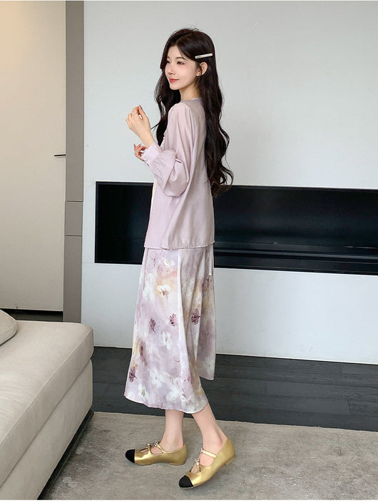 Conjunto Dos Piezas: Vestido Slip Estampado Morado con Cardigan Suave - Image 18