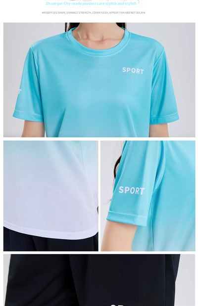 Purple and white gradient short-sleeve t-shirt with 'SPORT' text and black athletic shorts for women. - Image 18