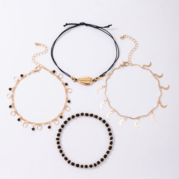 Pulsera Tobillera Multicapa con Perlas de Arroz y Concha - Juego de 4 Piezas Negro