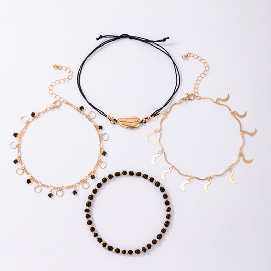 Pulsera Tobillera Multicapa con Perlas de Arroz y Concha - Juego de 4 Piezas Negro - Image 2