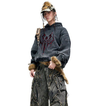 Sudadera Tribal 3D Bordada Gris Pesada con Detalles Desgastados - Image 3
