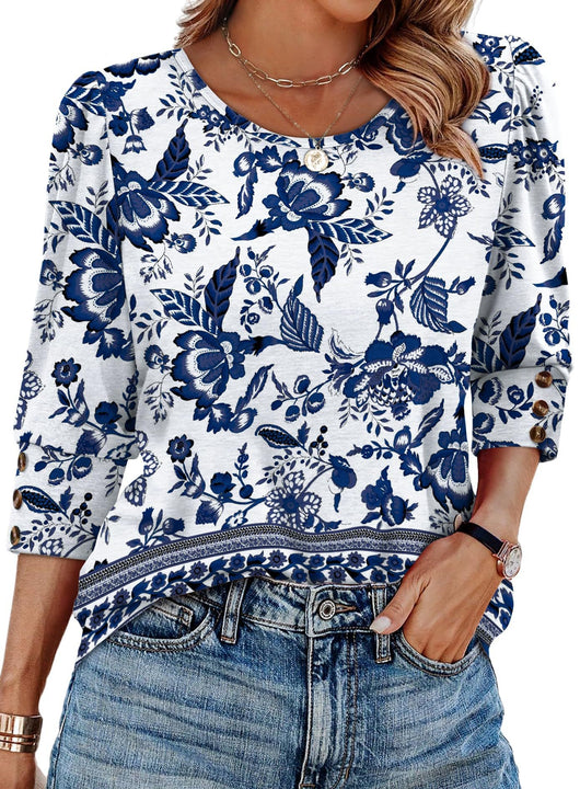 Blusa Elegante Estampada con Botones y Mangas 3/4 Cuello Redondo - Image 58