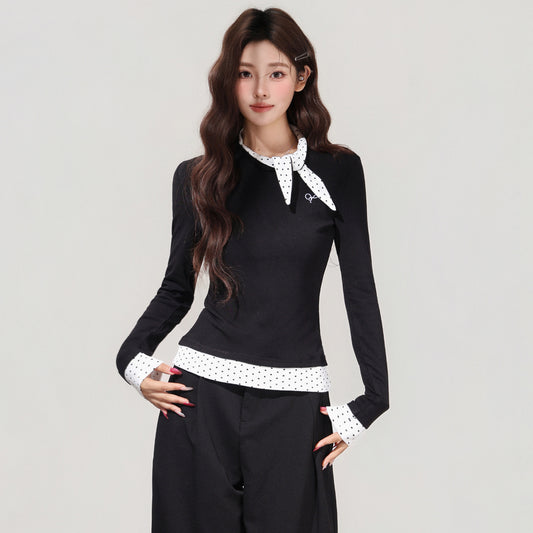Blusa Negra con Lunares y Moño - Efecto Dos Piezas, Manga Larga