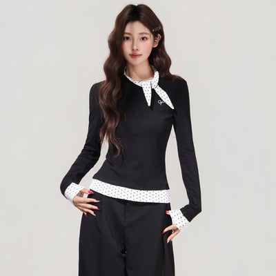 Blusa Negra con Lunares y Moño - Efecto Dos Piezas, Manga Larga