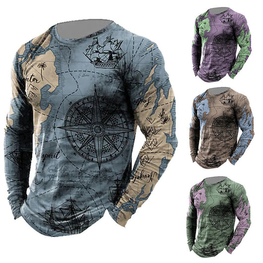 Camiseta Manga Larga Brújula Náutica Hombre Cuello Redondo Suelta Navegante - Image 7