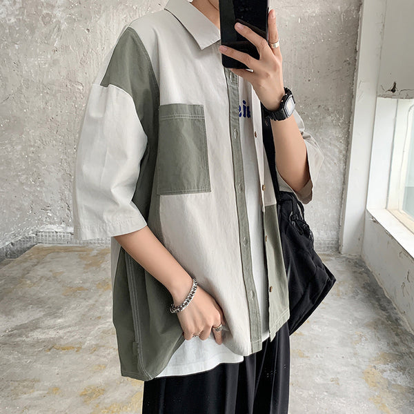 Camisa Hombre Vintage Patchwork Manga Corta Suelta