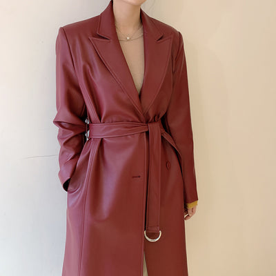 Abrigo Trench Coat de Cuero PU Doble Botonadura con Cuello de Traje - Image 8
