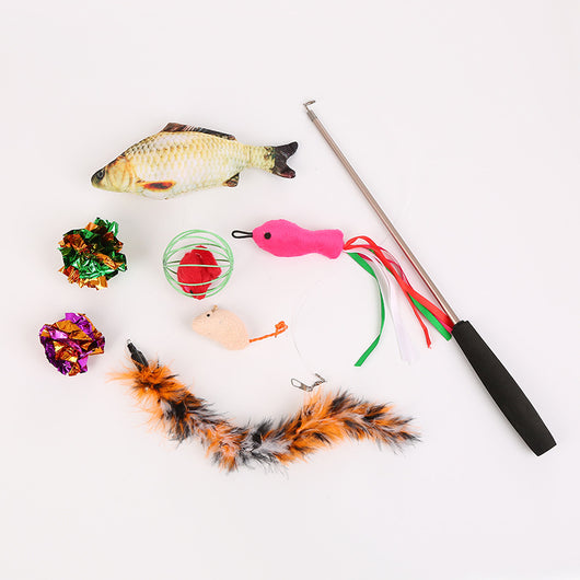 8-piece cat toy set with a telescopic wand, plush fish, plush mouse, feather toy, crinkle balls, and cage ball. - Image 9