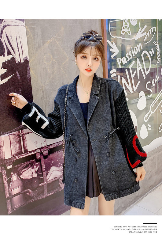 Chaqueta de mezclilla negra con mangas linterna tejidas con letras - Image 12
