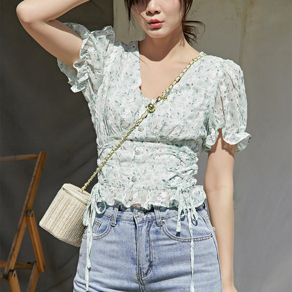 Blusa de Chifón con Botones de Perla y Jacquard Elegante