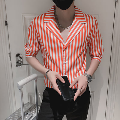 Camisa Slim Fit a Rayas Manga Corta para Hombre - Image 15