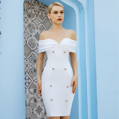Vestido Blanco Elegante con Botones para Noche de Fiesta