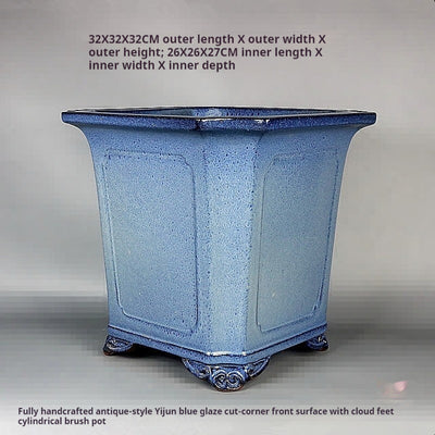 Maceta Bonsái Artesanal Azul Claro Esmaltada Forma Tubo Antiguo - Image 6