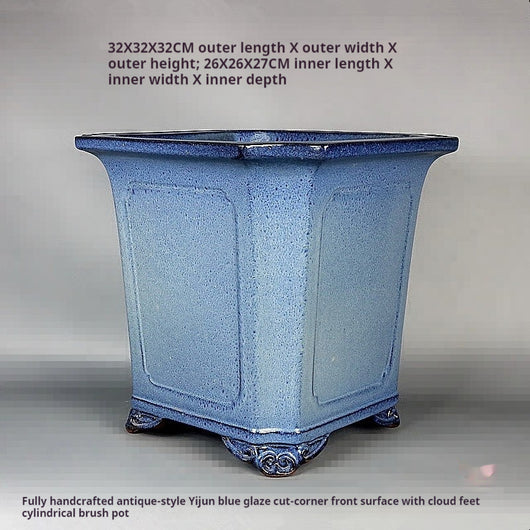 Maceta Bonsái Artesanal Azul Claro Esmaltada Forma Tubo Antiguo - Image 6
