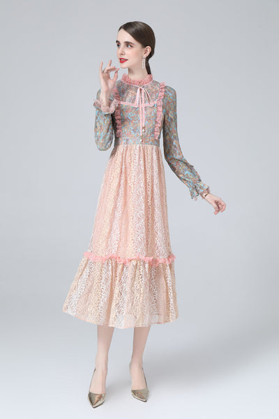 Vestido Maxi con Cuello Alto, Encaje Loto y Estampado Patchwork
