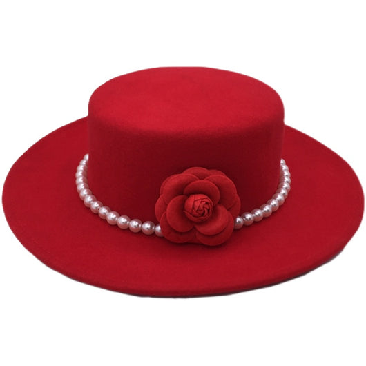 Sombrero de Ala Ancha Tweed Rojo con Detalles Florales Elegante - Image 7