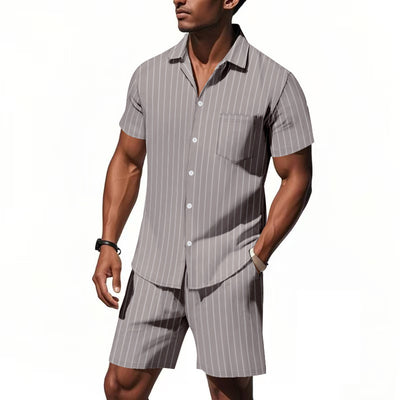 Conjunto de Dos Piezas: Camisa Jacquard a Rayas y Shorts para Playa - Image 10